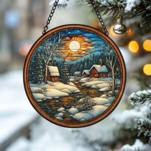 Snowy Cottage Stained Glass Suncatcher – Winter Acrylic Window Decoration