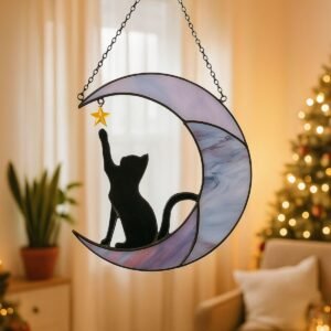 Cat Moon Stained Glass Suncatcher – Rainbow Acrylic Window Hanging Ornament for Cat Lovers