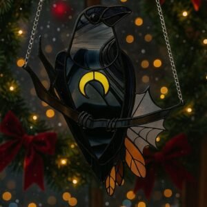 Black Raven Moon Suncatcher – Gothic Acrylic Faux Stained Glass Crescent Moon Window Hanging for Witchy Home Decor