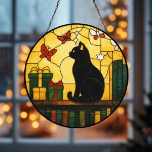 Christmas Cat Stained Glass Suncatcher with Butterflies – Black Cat Ornament & Holiday Gift for Mom