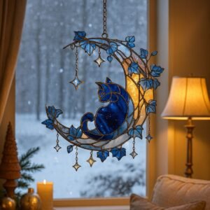 Blue Moon Cat Acrylic Suncatcher – Mystical Celestial Window Hanging Ornament & Christmas Gift for Cat Lovers
