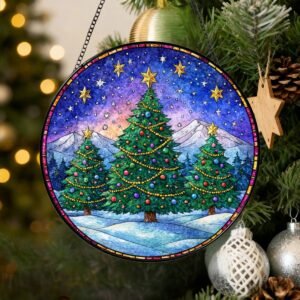 Christmas Tree Window Suncatcher – Stained Glass Holiday Decor & Starry Night Winter Ornament