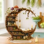 Acrylic Moon Shelf – Books & Mushrooms Decorative Wall Display
